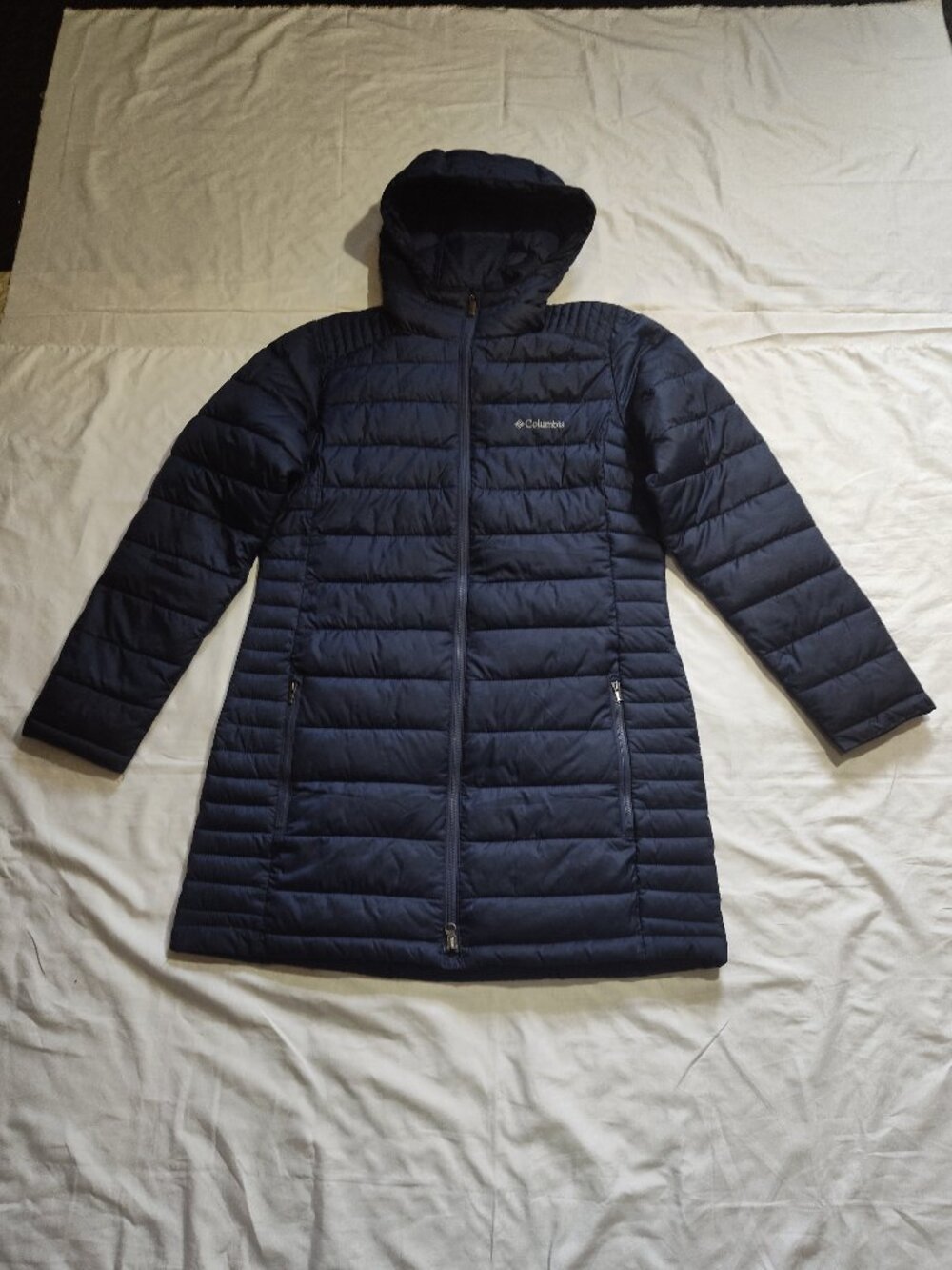 Columbia Puffer Coat Jacket Long Hooded Insulated Full Zip Dark Blue Medium